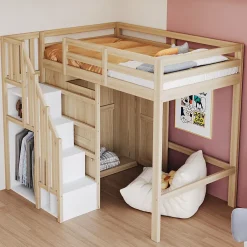 Okwish Lit Mezzanine 90x200 cm - avec Échelle Sécurisée, Rangement Intégré et Armoire - Bois Massif Naturel, Sans Matelas, Naturel* Lit Mezzanine