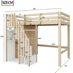 Okwish Lit Mezzanine 90x200 cm - avec Échelle Sécurisée, Rangement Intégré et Armoire - Bois Massif Naturel, Sans Matelas, Naturel* Lit Mezzanine