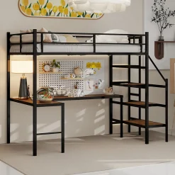 Lit Mezzanine 90x190 cm - avec Bureau en L et Escalier, Garde-Corps Continu, Structure en Métal, sans Matelas, Noir>Okwish Online