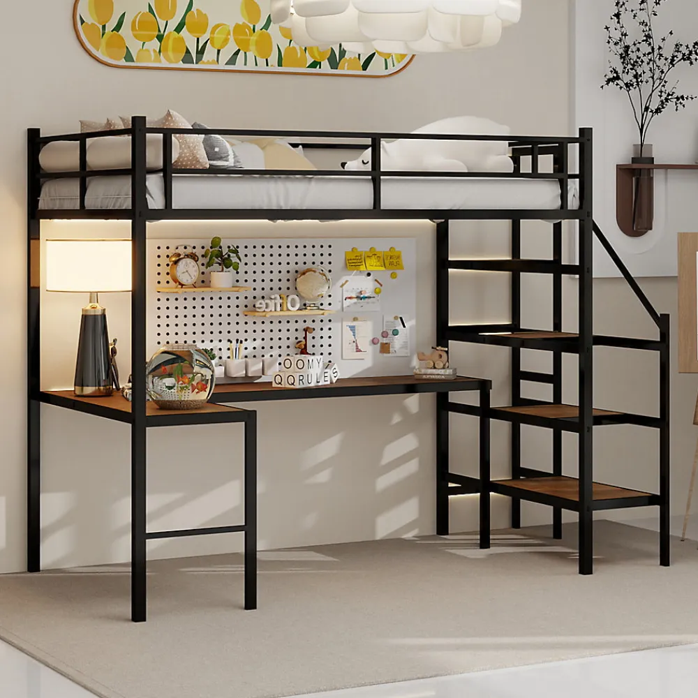 Lit Mezzanine 90x190 cm - avec Bureau en L et Escalier, Garde-Corps Continu, Structure en Métal, sans Matelas, Noir>Okwish Online