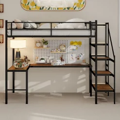 Lit Mezzanine 90x190 cm - avec Bureau en L et Escalier, Garde-Corps Continu, Structure en Métal, sans Matelas, Noir>Okwish Online