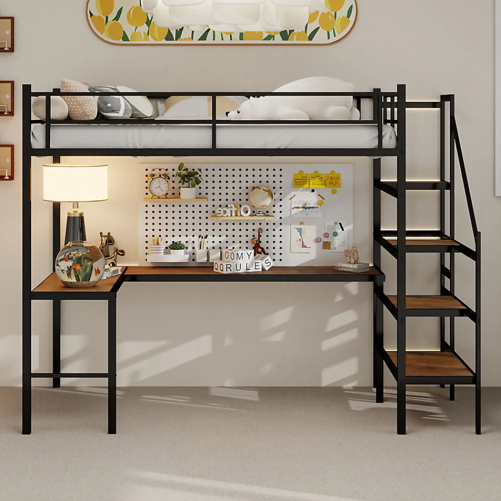 Lit Mezzanine 90x190 cm - avec Bureau en L et Escalier, Garde-Corps Continu, Structure en Métal, sans Matelas, Noir>Okwish Online