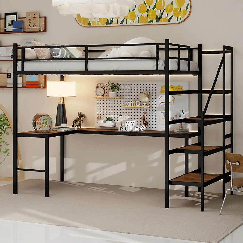 Lit Mezzanine 90x190 cm - avec Bureau en L et Escalier, Garde-Corps Continu, Structure en Métal, sans Matelas, Noir>Okwish Online