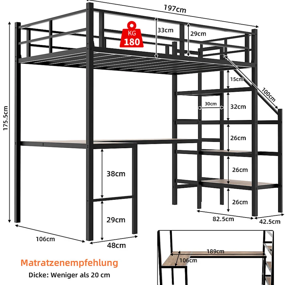 Lit Mezzanine 90x190 cm - avec Bureau en L et Escalier, Garde-Corps Continu, Structure en Métal, sans Matelas, Noir>Okwish Online