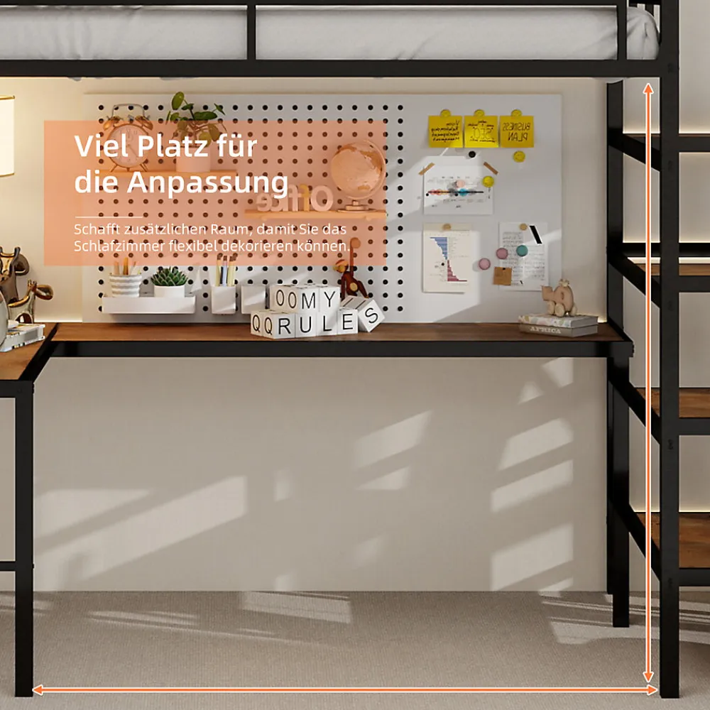 Lit Mezzanine 90x190 cm - avec Bureau en L et Escalier, Garde-Corps Continu, Structure en Métal, sans Matelas, Noir>Okwish Online