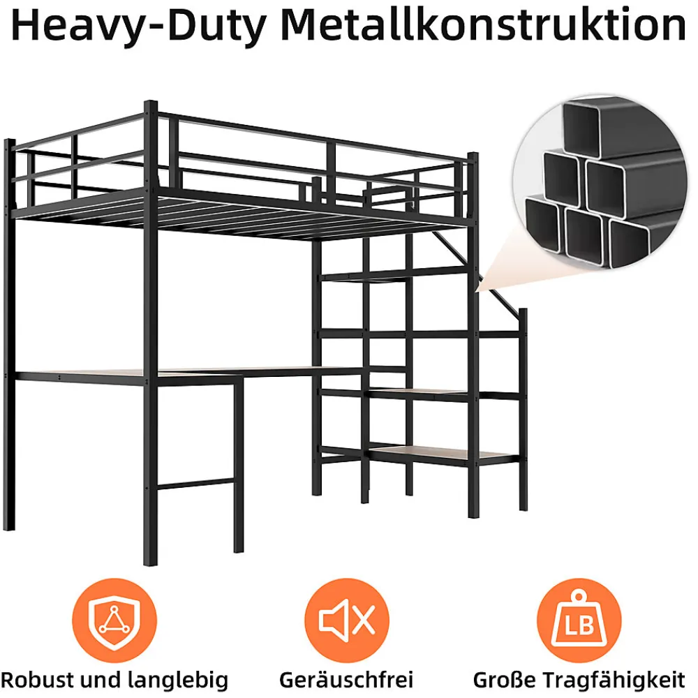 Lit Mezzanine 90x190 cm - avec Bureau en L et Escalier, Garde-Corps Continu, Structure en Métal, sans Matelas, Noir>Okwish Online