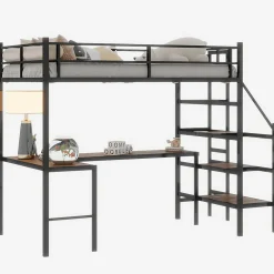 Lit Mezzanine 90x190 cm - avec Bureau en L et Escalier, Garde-Corps Continu, Structure en Métal, sans Matelas, Noir><noscript><img width=