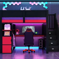 Okwish Lit Mezzanine 140x200 cm - avec Bureau Intégré, Escalier de Rangement et LED, Ports USB - MDF + Contreplaqué - Noir et Rouge* Lit Mezzanine