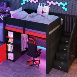 Okwish Lit Mezzanine 140x200 cm - avec Bureau Intégré, Escalier de Rangement et LED, Ports USB - MDF + Contreplaqué - Noir et Rouge* Lit Mezzanine