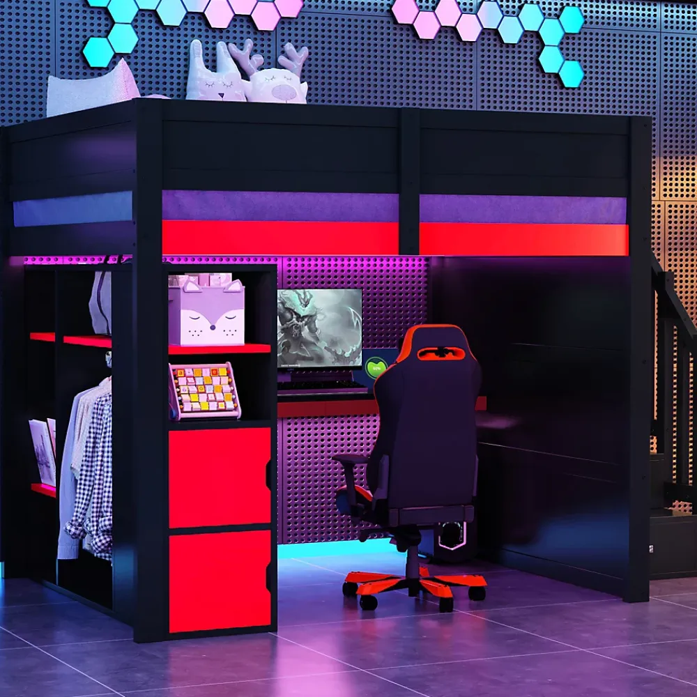 Okwish Lit Mezzanine 140x200 cm - avec Bureau Intégré, Escalier de Rangement et LED, Ports USB - MDF + Contreplaqué - Noir et Rouge* Lit Mezzanine