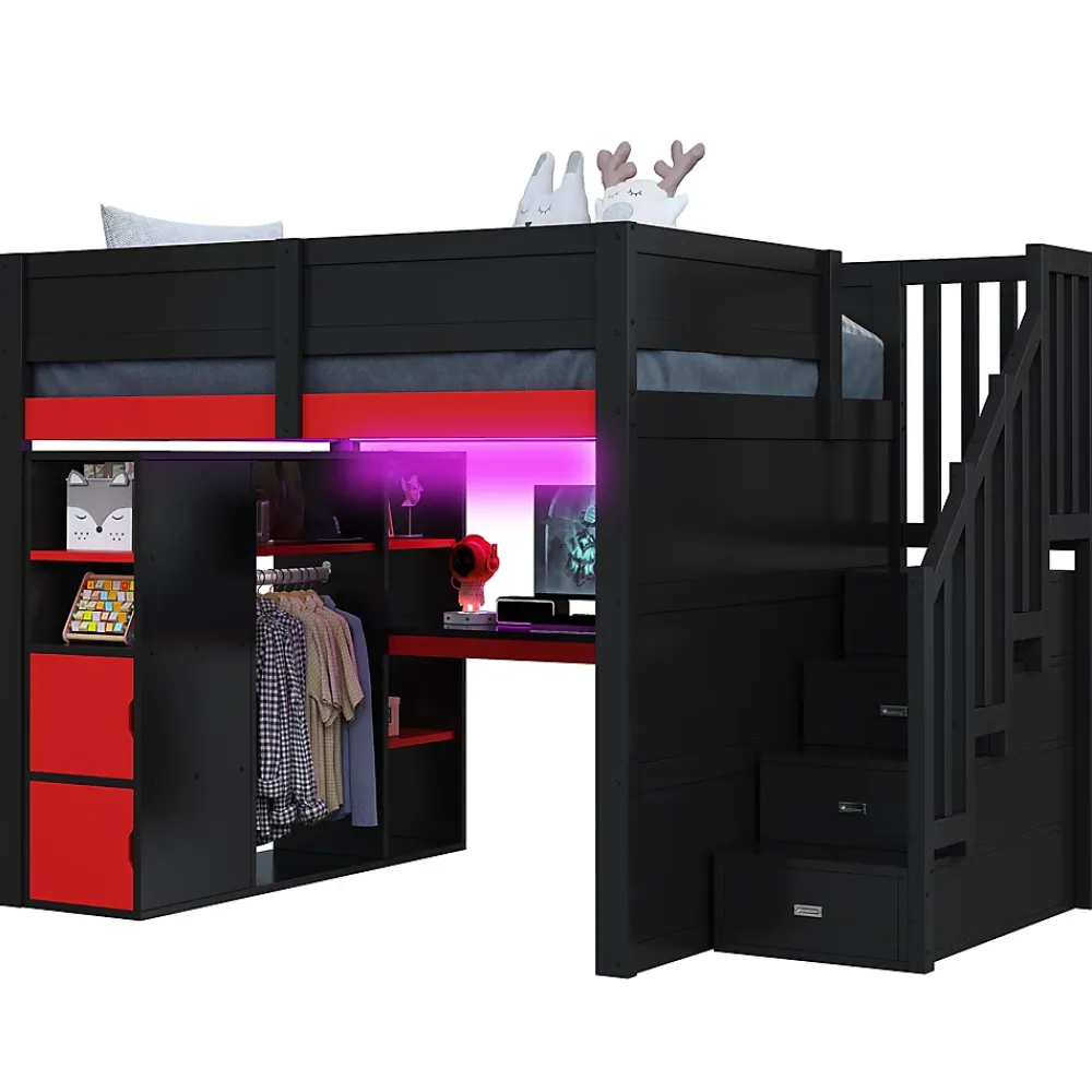 Okwish Lit Mezzanine 140x200 cm - avec Bureau Intégré, Escalier de Rangement et LED, Ports USB - MDF + Contreplaqué - Noir et Rouge* Lit Mezzanine