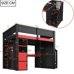 Okwish Lit Mezzanine 140x200 cm - avec Bureau Intégré, Escalier de Rangement et LED, Ports USB - MDF + Contreplaqué - Noir et Rouge* Lit Mezzanine
