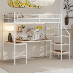 Okwish Lit Mezzanine 90x190 cm - avec Bureau en L et Escalier, Garde-Corps Continu, Structure en Métal, sans Matelas, Blanc* Lit Mezzanine
