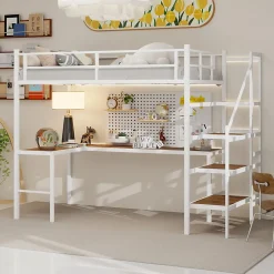 Okwish Lit Mezzanine 90x190 cm - avec Bureau en L et Escalier, Garde-Corps Continu, Structure en Métal, sans Matelas, Blanc* Lit Mezzanine