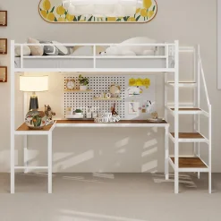 Okwish Lit Mezzanine 90x190 cm - avec Bureau en L et Escalier, Garde-Corps Continu, Structure en Métal, sans Matelas, Blanc* Lit Mezzanine