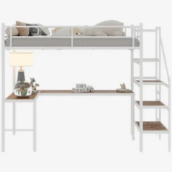 Okwish Lit Mezzanine 90x190 cm - avec Bureau en L et Escalier, Garde-Corps Continu, Structure en Métal, sans Matelas, Blanc* Lit Mezzanine
