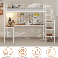 Okwish Lit Mezzanine 90x190 cm - avec Bureau en L et Escalier, Garde-Corps Continu, Structure en Métal, sans Matelas, Blanc* Lit Mezzanine