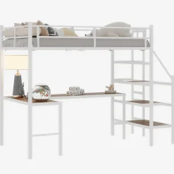 Okwish Lit Mezzanine 90x190 cm - avec Bureau en L et Escalier, Garde-Corps Continu, Structure en Métal, sans Matelas, Blanc* Lit Mezzanine