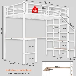 Okwish Lit Mezzanine 90x190 cm - avec Bureau en L et Escalier, Garde-Corps Continu, Structure en Métal, sans Matelas, Blanc* Lit Mezzanine