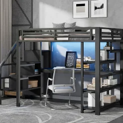 Lit Mezzanine 140x200 cm - avec Bureau Intégré et Rangement, LED et Ports USB - Métal - Noir>Okwish Sale