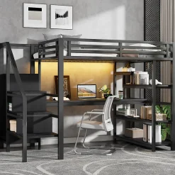 Lit Mezzanine 140x200 cm - avec Bureau Intégré et Rangement, LED et Ports USB - Métal - Noir>Okwish Sale