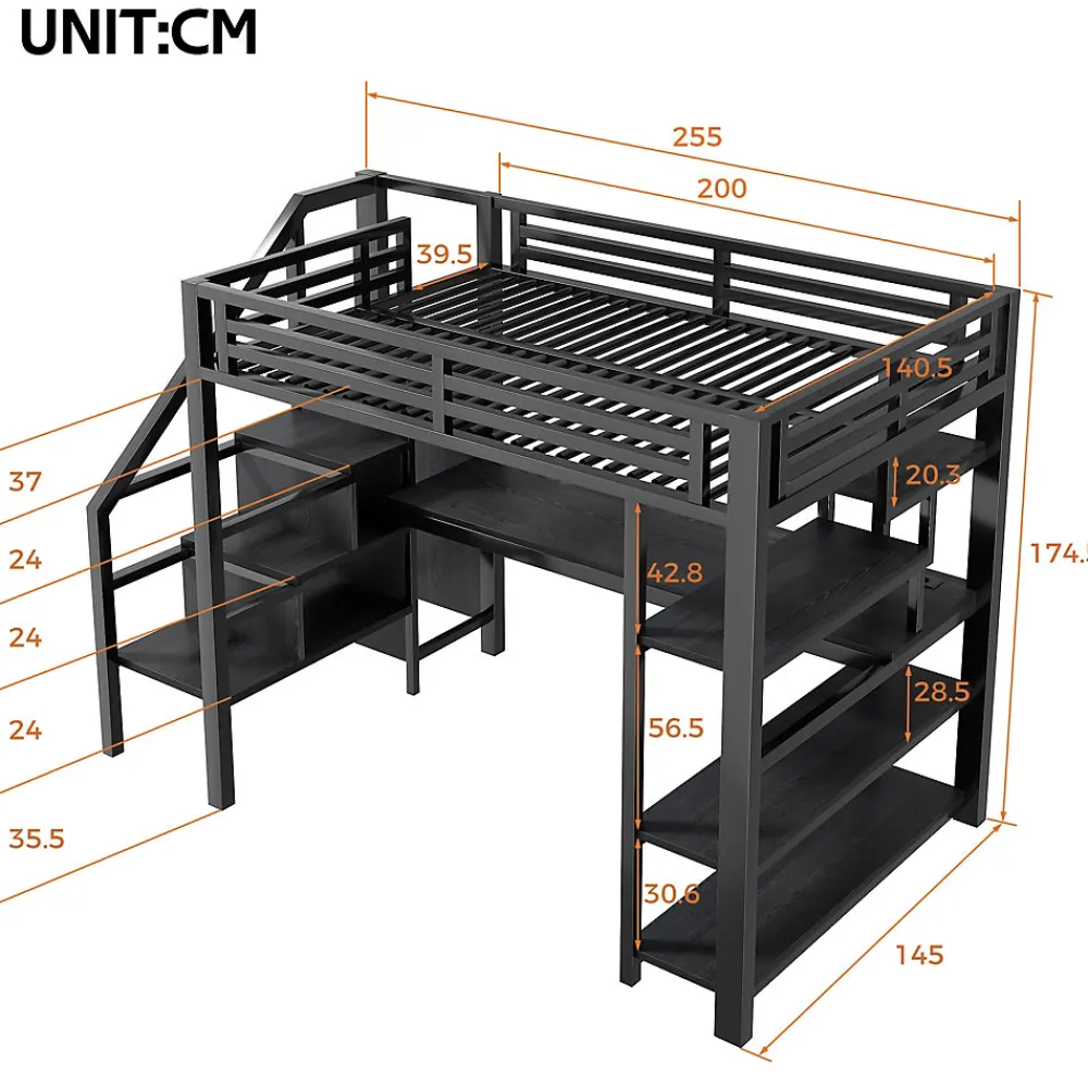 Lit Mezzanine 140x200 cm - avec Bureau Intégré et Rangement, LED et Ports USB - Métal - Noir>Okwish Sale