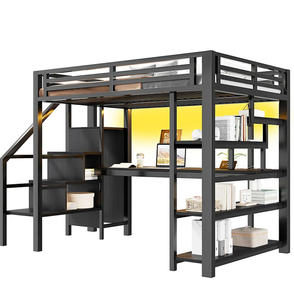 Lit Mezzanine 140x200 cm - avec Bureau Intégré et Rangement, LED et Ports USB - Métal - Noir>Okwish Sale