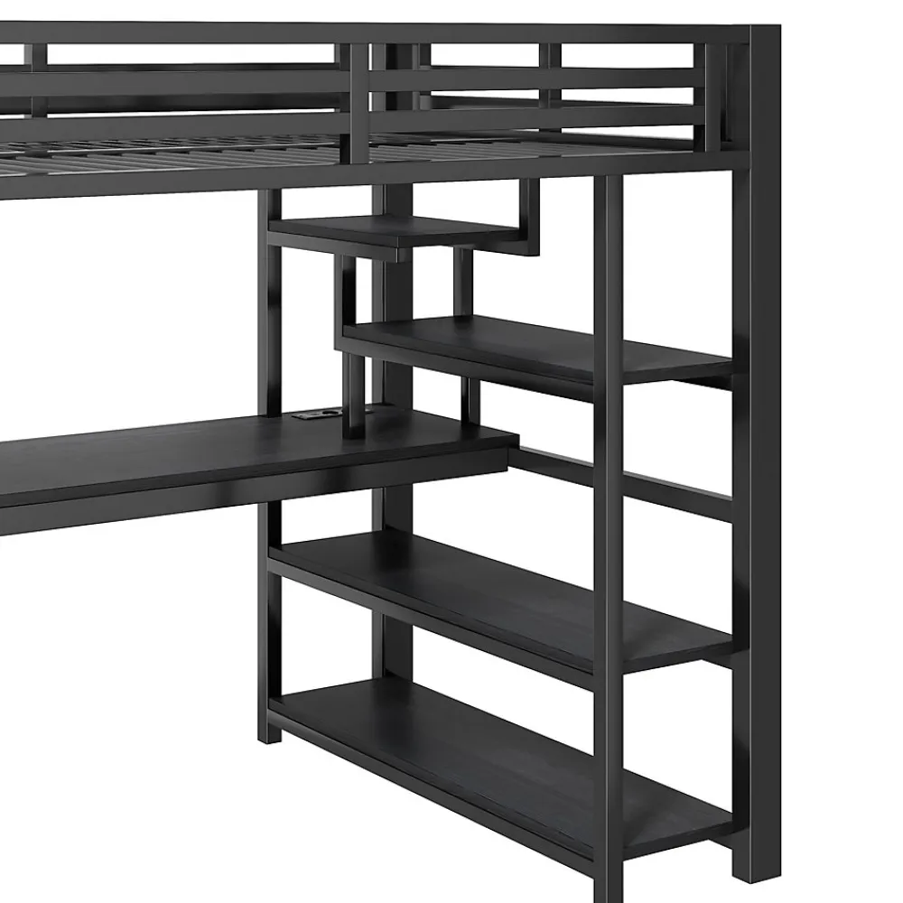 Lit Mezzanine 140x200 cm - avec Bureau Intégré et Rangement, LED et Ports USB - Métal - Noir>Okwish Sale