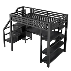 Lit Mezzanine 140x200 cm - avec Bureau Intégré et Rangement, LED et Ports USB - Métal - Noir><noscript><img width=