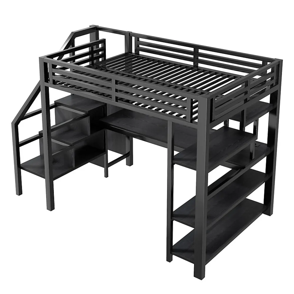 Lit Mezzanine 140x200 cm - avec Bureau Intégré et Rangement, LED et Ports USB - Métal - Noir>Okwish Sale
