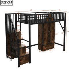 Lit Mezzanine 90x200 cm - avec Armoire, Tiroirs et Échelle de Rangement, Garde-Corps Sécurisé, Métal Noir><noscript><img width=