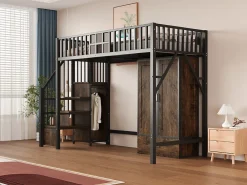 Lit Mezzanine 90x200 cm - avec Armoire, Tiroirs et Échelle de Rangement, Garde-Corps Sécurisé, Métal Noir><noscript><img width=