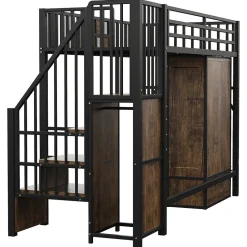 Lit Mezzanine 90x200 cm - avec Armoire, Tiroirs et Échelle de Rangement, Garde-Corps Sécurisé, Métal Noir><noscript><img width=