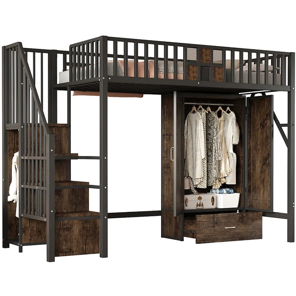 Lit Mezzanine 90x200 cm - avec Armoire, Tiroirs et Échelle de Rangement, Garde-Corps Sécurisé, Métal Noir>Okwish Outlet