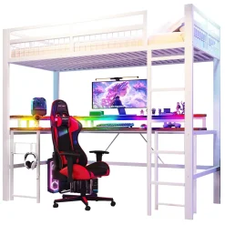 Okwish Lit Mezzanine 90x200 cm - Bureau Intégré, Éclairage LED Réglable et Panneau Perforé - USB, Type-C et 2 Prises - Métal + MDF Blanc* Lit Mezzanine
