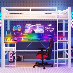 Okwish Lit Mezzanine 90x200 cm - Bureau Intégré, Éclairage LED Réglable et Panneau Perforé - USB, Type-C et 2 Prises - Métal + MDF Blanc* Lit Mezzanine