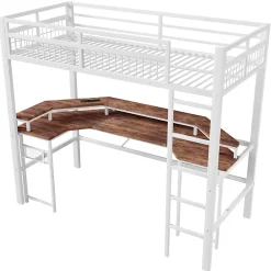 Okwish Lit Mezzanine 90x200 cm - Bureau Intégré, Éclairage LED Réglable et Panneau Perforé - USB, Type-C et 2 Prises - Métal + MDF Blanc* Lit Mezzanine
