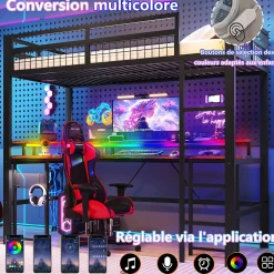 Okwish Lit Mezzanine 90x200 cm - Bureau Intégré, Éclairage LED Réglable et Panneau Perforé - USB, Type-C et 2 Prises - Métal + MDF - Noir* Lit Mezzanine