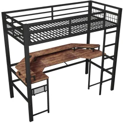 Okwish Lit Mezzanine 90x200 cm - Bureau Intégré, Éclairage LED Réglable et Panneau Perforé - USB, Type-C et 2 Prises - Métal + MDF - Noir* Lit Mezzanine