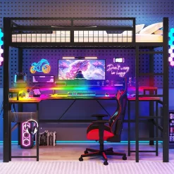 Okwish Lit Mezzanine 90x200 cm - Bureau Intégré, Éclairage LED Réglable et Panneau Perforé - USB, Type-C et 2 Prises - Métal + MDF - Noir* Lit Mezzanine