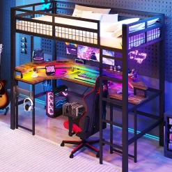 Okwish Lit Mezzanine 90x200 cm - Bureau Intégré, Éclairage LED Réglable et Panneau Perforé - USB, Type-C et 2 Prises - Métal + MDF - Noir* Lit Mezzanine