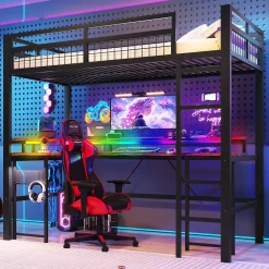Okwish Lit Mezzanine 90x200 cm - Bureau Intégré, Éclairage LED Réglable et Panneau Perforé - USB, Type-C et 2 Prises - Métal + MDF - Noir* Lit Mezzanine