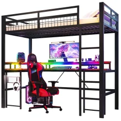 Okwish Lit Mezzanine 90x200 cm - Bureau Intégré, Éclairage LED Réglable et Panneau Perforé - USB, Type-C et 2 Prises - Métal + MDF - Noir* Lit Mezzanine