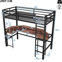 Okwish Lit Mezzanine 90x200 cm - Bureau Intégré, Éclairage LED Réglable et Panneau Perforé - USB, Type-C et 2 Prises - Métal + MDF - Noir* Lit Mezzanine