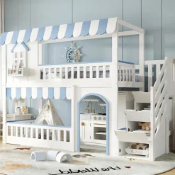 Lit mezzanine 90x200 cm - escalier avec rangement - avec sommier à lattes - bois massif + MDF - Blanc + Bleu (sans matelas)>ModernLuxe Sale