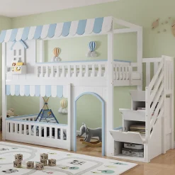 Lit mezzanine 90x200 cm - escalier avec rangement - avec sommier à lattes - bois massif + MDF - Blanc + Bleu (sans matelas)><noscript><img width=