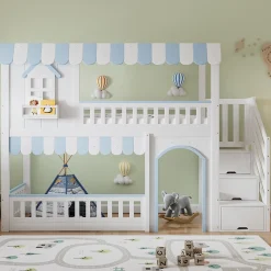 Lit mezzanine 90x200 cm - escalier avec rangement - avec sommier à lattes - bois massif + MDF - Blanc + Bleu (sans matelas)><noscript><img width=