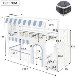 Lit mezzanine 90x200 cm - escalier avec rangement - avec sommier à lattes - bois massif + MDF - Blanc + Bleu (sans matelas)><noscript><img width=