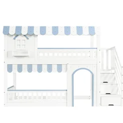 Lit mezzanine 90x200 cm - escalier avec rangement - avec sommier à lattes - bois massif + MDF - Blanc + Bleu (sans matelas)><noscript><img width=