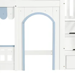 Lit mezzanine 90x200 cm - escalier avec rangement - avec sommier à lattes - bois massif + MDF - Blanc + Bleu (sans matelas)><noscript><img width=